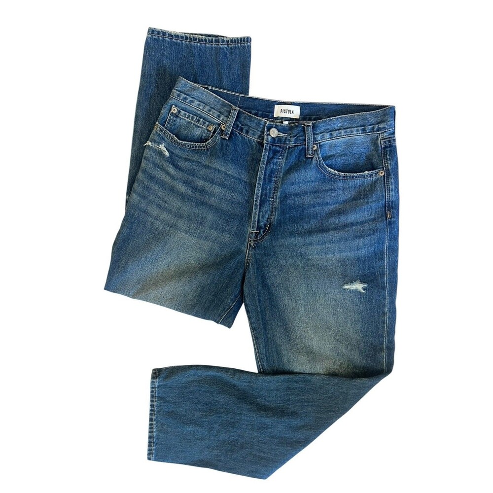 PISTOLA Women’s Distressed Straight Leg Cropped Jeans Size 30 Medium Wash 100% C